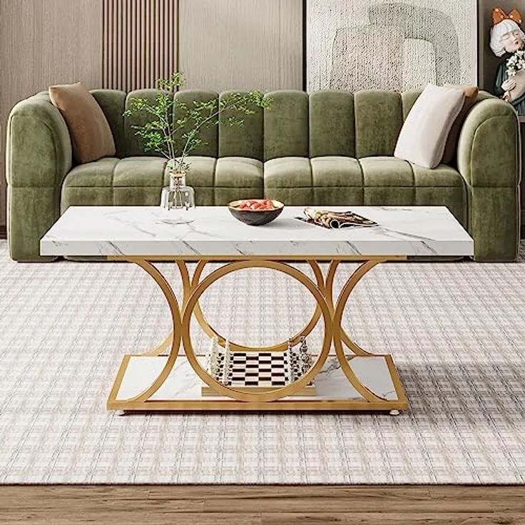 LITTLE TREE Weißer rechteckiger Couchtisch, 119 cm, moderner Couchtisch für Wohnzimmer, 2-stöckiger Couchtische aus Kunstmarmor, mit Stauraum, großer Mitteltisch mit goldfarbenen Metallbeinen – Bild 4