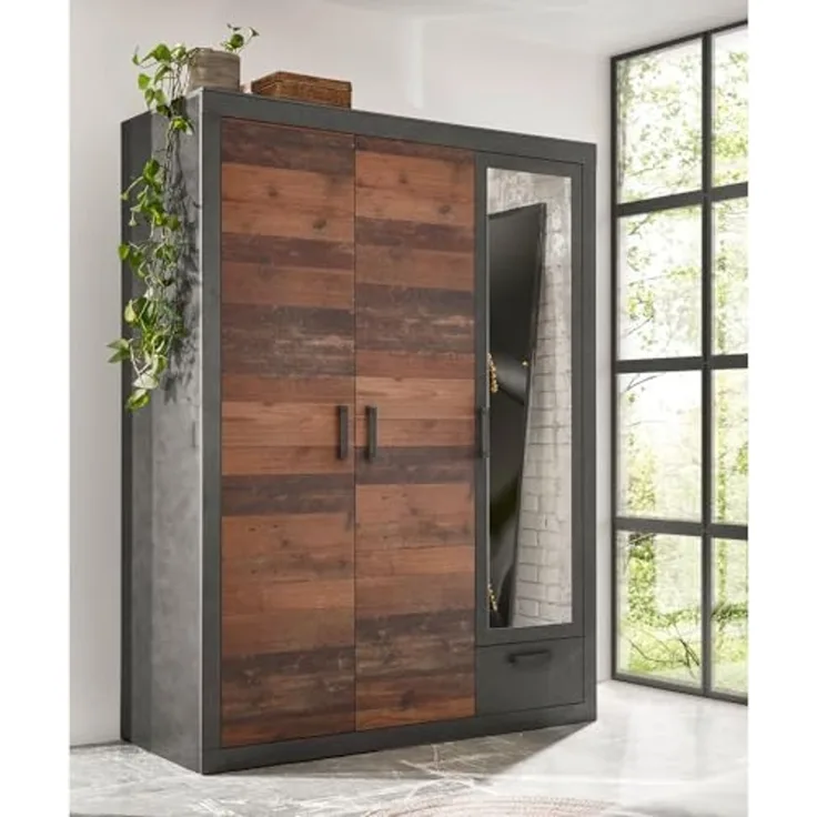 Kleiderschrank 3-türig mit Spiegel BERLIN-S-61 in Matera anthrazit/grau mit Old Mix Dekor, BxHxT ca. 150 x 201 x 60 cm