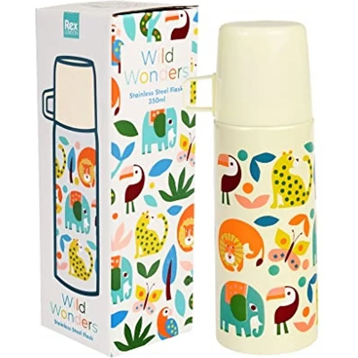 Rex London Isolierflasche Wild Wonders mit Kunststoff Becher, Edelstahl Isolierkanne, für 350 ml, Auslaufsicher - Druckknopf-Verschluss