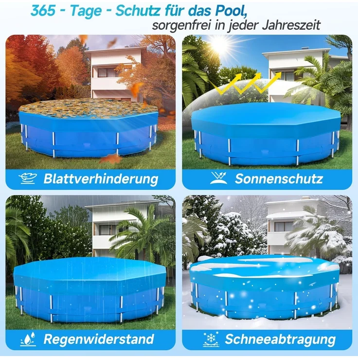 Sekey Poolabdeckung Rund 366 cm – Passend für Runde Stahlrahmenbecken Verstellbare Schnallen & Klettverschlüssen Wind- & Staubdicht Reißfestes Hochdichtes Abdeckplane | Blau – Bild 7