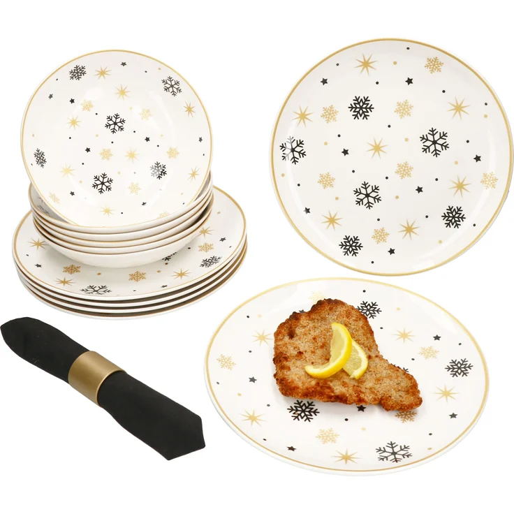 12tlg Tafelservice Stars schwarz gold 6 Personen Essteller Suppenteller Weihnachten – Bild 1