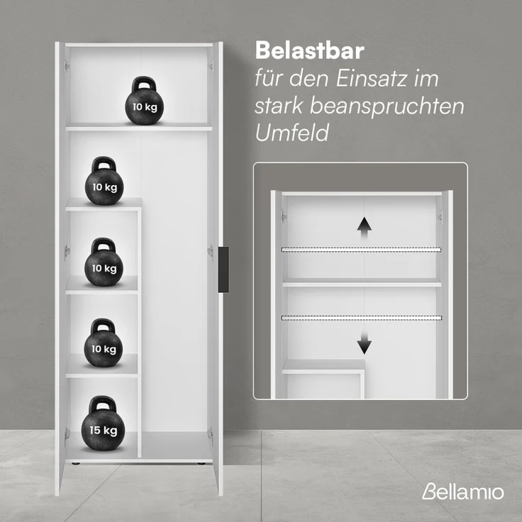 Bellamio 'Lurio' Mehrzweckschrank, weiß mit schwarzem Griff, 176x33x60 cm, Besenschrank mit Staubsaugerfach – Bild 4