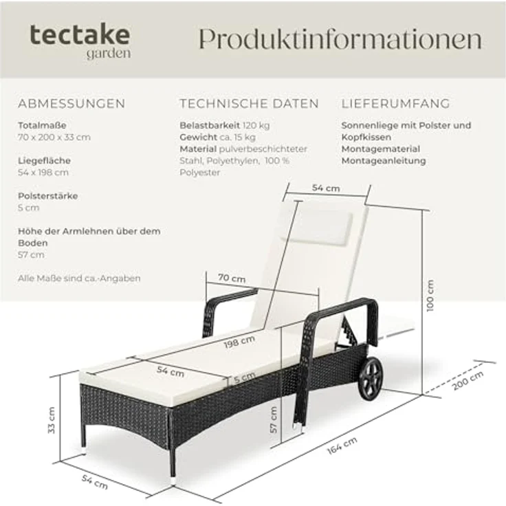 tectake Poly Rattan Gartenliege mit Rollen, 6-Fach höhenverstellbarer Liegestuhl, bis 120kg belastbar, Sonnenliege Rattan (wetterfest), Liege inkl. Polster und Kissen - schwarz/beige – Bild 3
