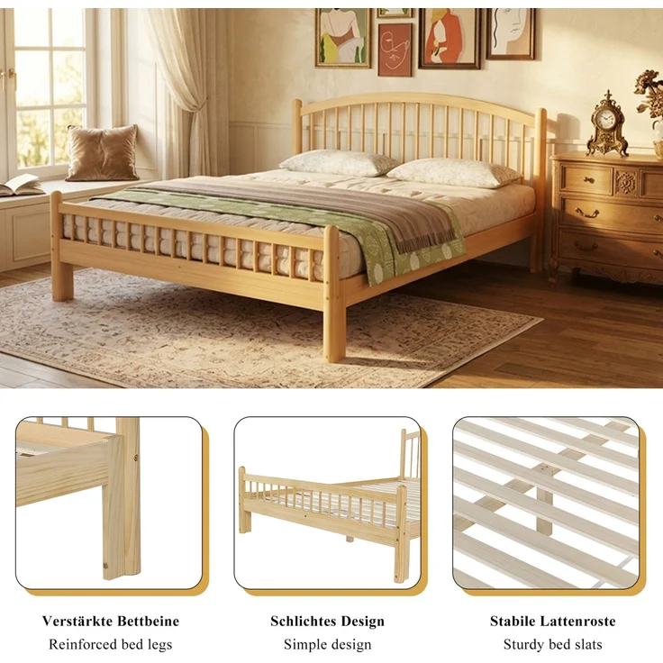 CHICFURN Bett aus Kiefernholz Beige/Natur 140x200 cm mit Lattenrost und Gitterkopfteil – Bild 4