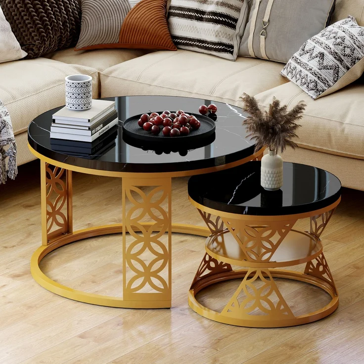 2er-Set Couchtisch nestbar 70x70x45 + 45x45x37 cm, Marmor-Furnier, Metallrahmen, Kontrastdesign – Bild 2