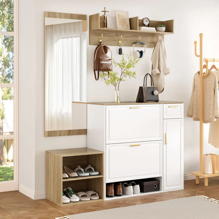 4-teiliges Garderoben-Set – mit Schuhschrank, Sitzbank, Wandgarderobe & Spiegel, komplettes Flurmöbel-Set für Diele und Eingangsbereich, Maße: B139.5 x T35 x H166 cm--Natur + Weiß--130x30x174cm--YOUDENOVA – Bild 4
