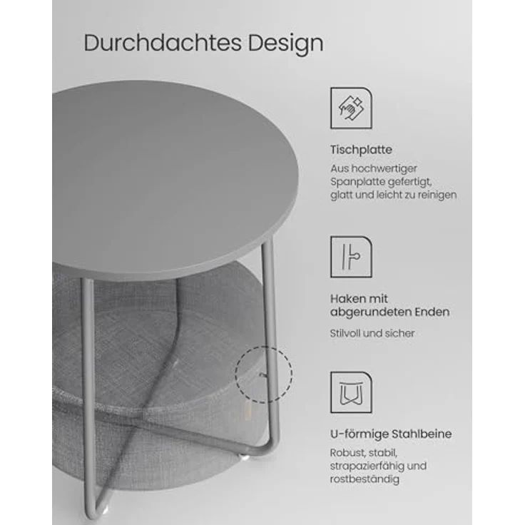 VASAGLE Beistelltisch rund, Kleiner Tisch, Couchtisch klein, Wohnzimmertisch, Korb aus Stoff, Stauraum für Wohnzimmer Schlafzimmer, Nachttisch modern, Taubengrau-schiefergrau LET223GD01 – Bild 5