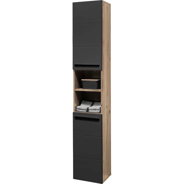 Hochschrank >Vista < 2 Türen, 6 Fächer, schwarz / viking oak Dekor - 34x190x31cm (BxHxT)