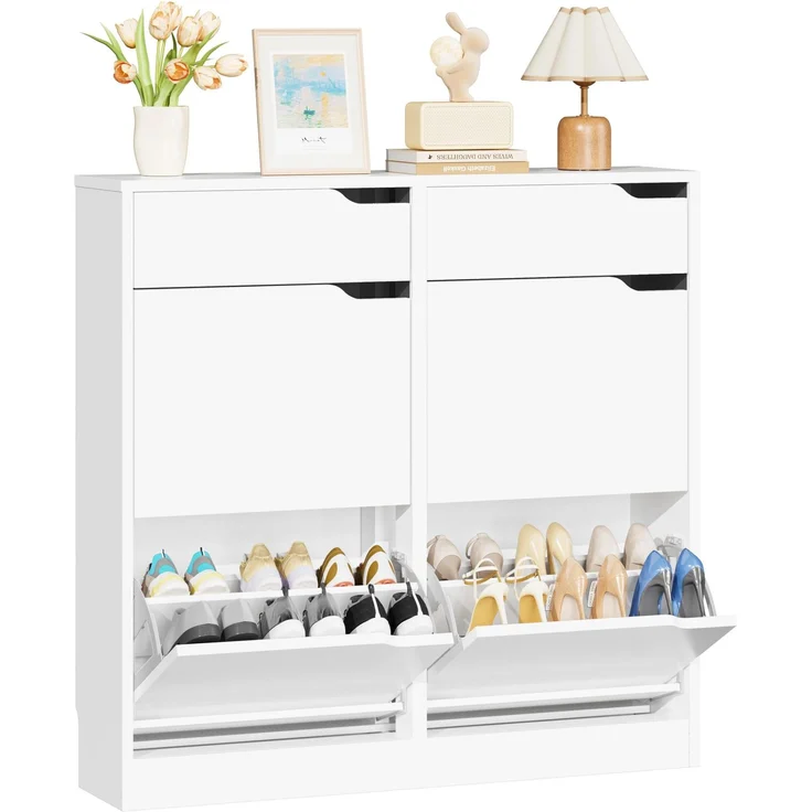 IRONCK Schuhschrank mit 4 Klappen, Schuhkipper Schmal mit 2 Schubladen, freistehendes Schuhregal, Schuhkommode mit verstellbaren Trennwände, Schuhablage Schrank für Flur Eingang und Wohnzimmer (Weiß)