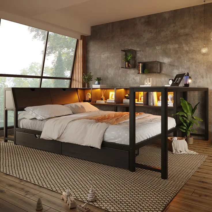U-life Metallbett 140x200 cm, für Jugendliche, LED-Beleuchtung, Schreibtisch & Schubladen, Multifunktionales bett, MDF, Schwarz