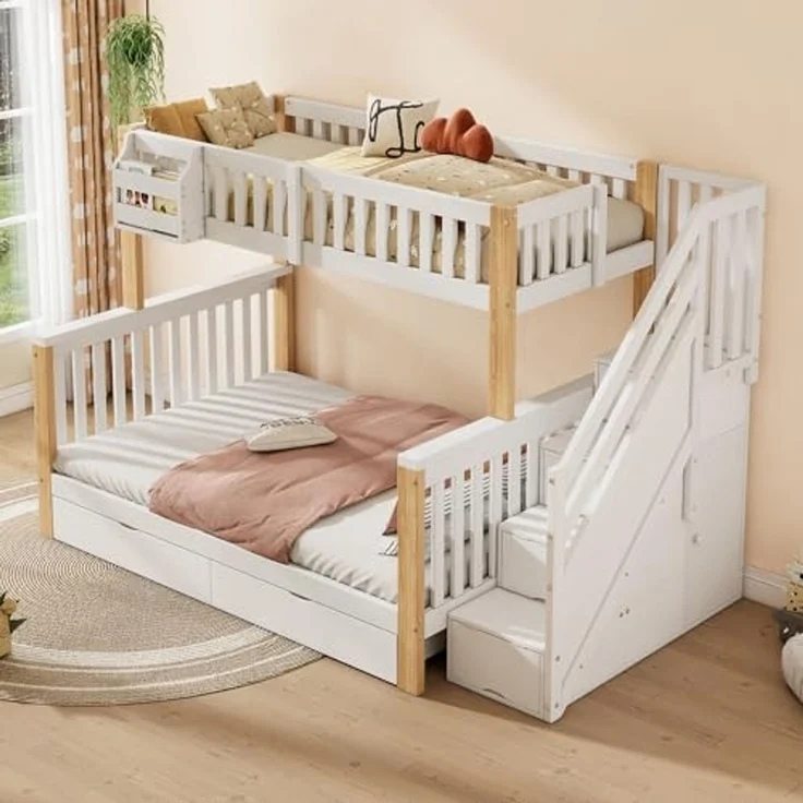 Odikalo Kinderbett Etagenbett Doppelbett Ablagekorb Schublade Treppenschrank 90/140*200cm (Kinder-Etagenbett, Doppelbett, multifunktionales Kinderbett mit Ablagekorb, mit Schublade, mit Treppenschrank, mit Ablageschrank, ohne Matratze, weiß + naturfarben) – Bild 5