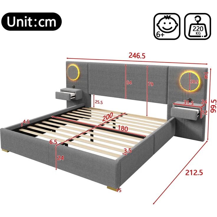 U-life Samtstoff Polsterbett 180x200 cm, fürs Schlafzimmer, USB-Anschlüssen, Samt, Grau – Bild 6
