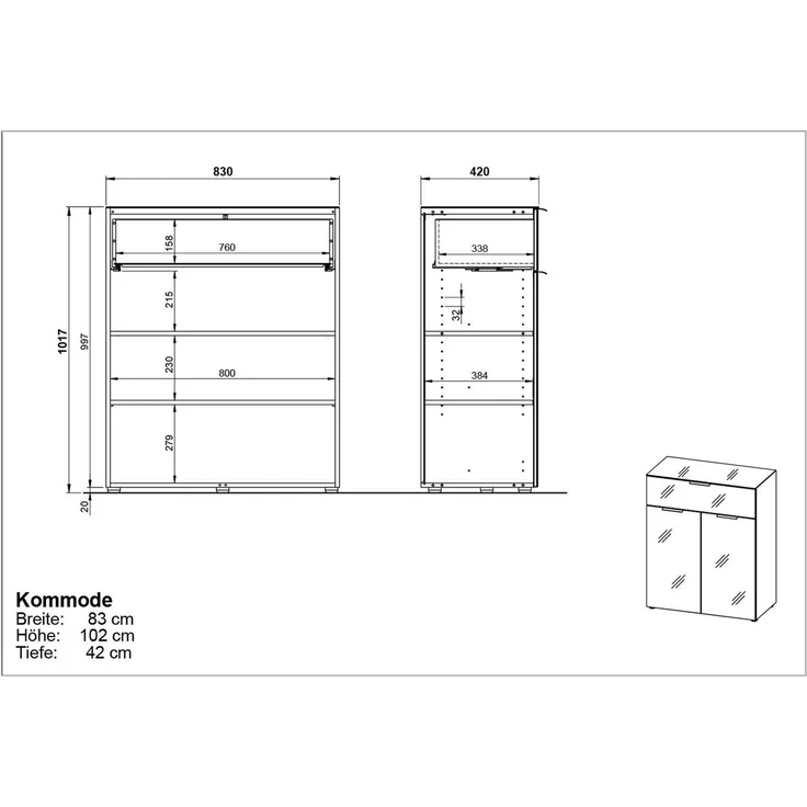 Kommode Owingen / Oakland, Glas, Holzwerkstoff, Silber, Grau, Schwarz, 83 x 102 x 42 cm – Bild 6