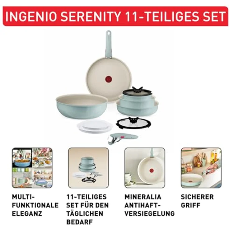 Tefal Ingenio Serenity Kochgeschirr-Set 11-teilig, Mineralia Antihaftversiegelung, platzsparend, stapelbar, für alle Herdarten, spülmaschinengeeignet, Eucalyptus, L828SB04 – Bild 4