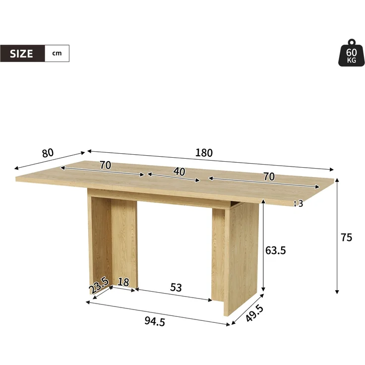Ausziehbarer Esstisch, 140/180*80 cm, geeignet für 6-8 Personen, rechteckige Form, verdickte Tischplatte, einfachen Stil,Tisch für Esszimmer, Küche, Wohnzimmer, Eichenfarbe – Bild 5