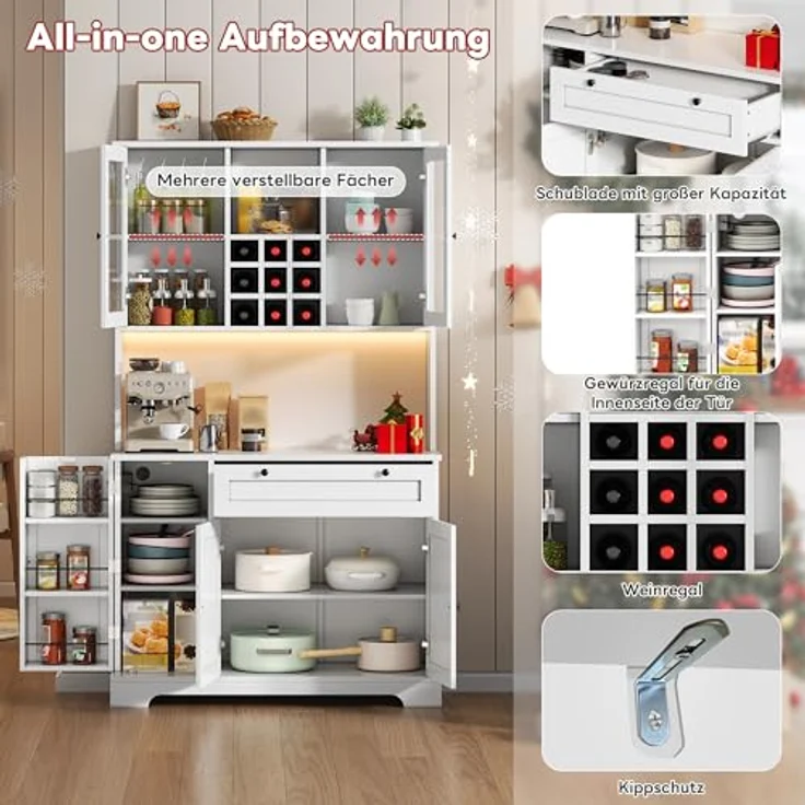 Ball & Cast Küchenschrank, Buffetschrank mit verstellbaren Einlegeböden, Steckdosen und Integrierter Beleuchtung, 105 x 40 x 180 cm, Weiß – Bild 7