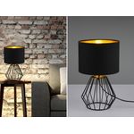 Tischleuchte CHUCK mit Gitterkorpus und Stoffschirm in Schwarz/Gold, Höhe 34cm