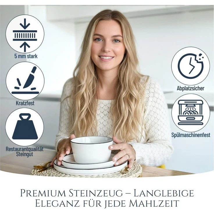 PURE LIVING INTERIOR DESIGN Geschirr-Set Scandi aus Porzellan, 18-tlg, für 6 Personen, Weiß - Schwarzer Rand (18-tlg), 6 Personen, Porzellan – Bild 3