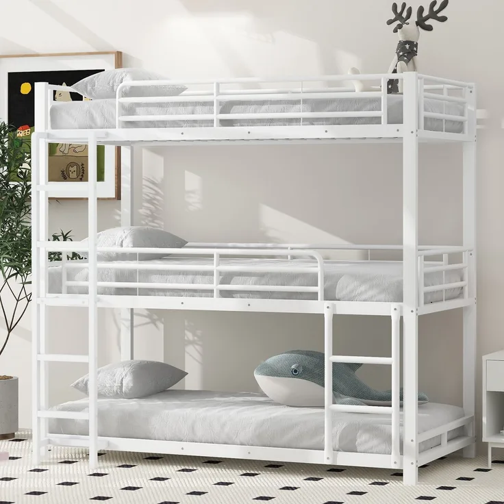 EINHOM 90 x 200 cm Bettgestell Metallbett, Etagenbett, Eisenbett, Dreifach-Etagenbett für Kinder, Jugendliche und Erwachsene, Weiß (Ohne Matratze)