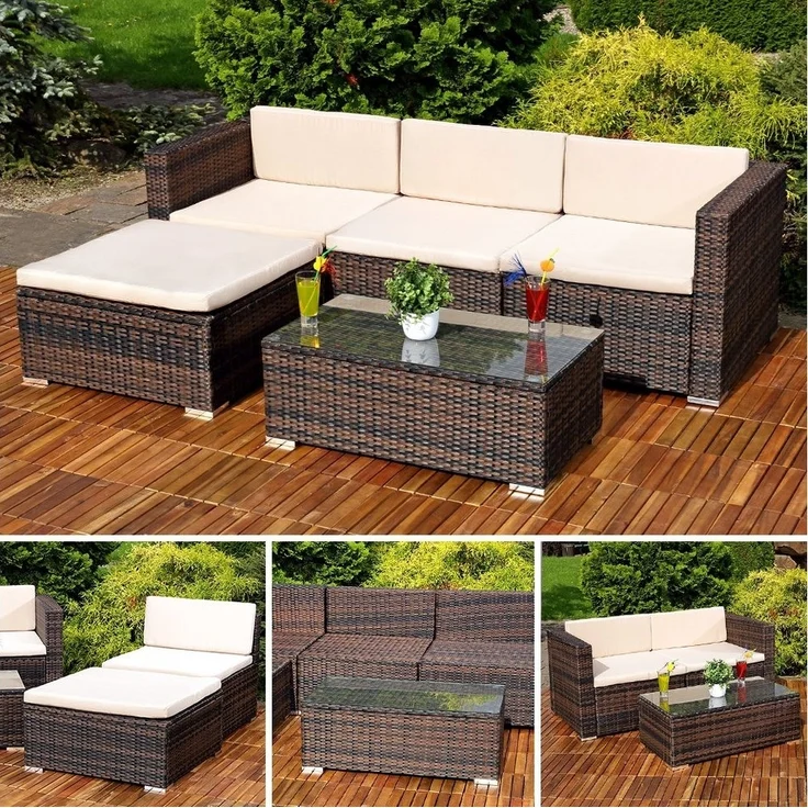 Lounge Sitzgruppe Rattanlounge Rattanmöbel Ecksofa Garten Tisch Polster braun – Bild 2