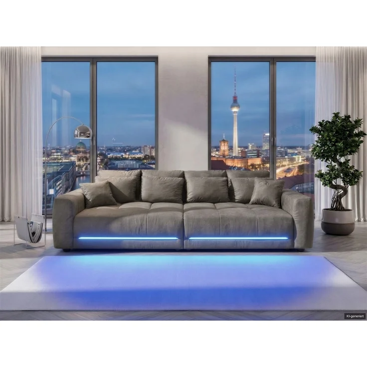 Big-Sofa Lounge Couch 294cm RGB-LED-Beleuchtung Federkern Mikrofaser in Hellgrau – Bild 3