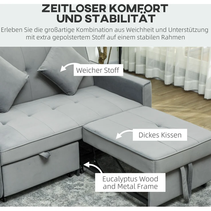 Schlafsofa 4-in-1 mit Bettkasten & verstellbarer Rückenlehne, 140,5x90,5x89 cm, Grau – Bild 3