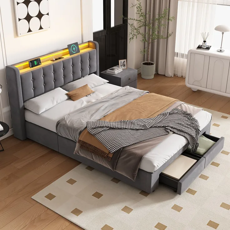 Polsterbett 140 x 190 cm, Samt, mit Bettkasten, Schubladen, USB-Anschluss und LED-Beleuchtung, Dunkelgrau