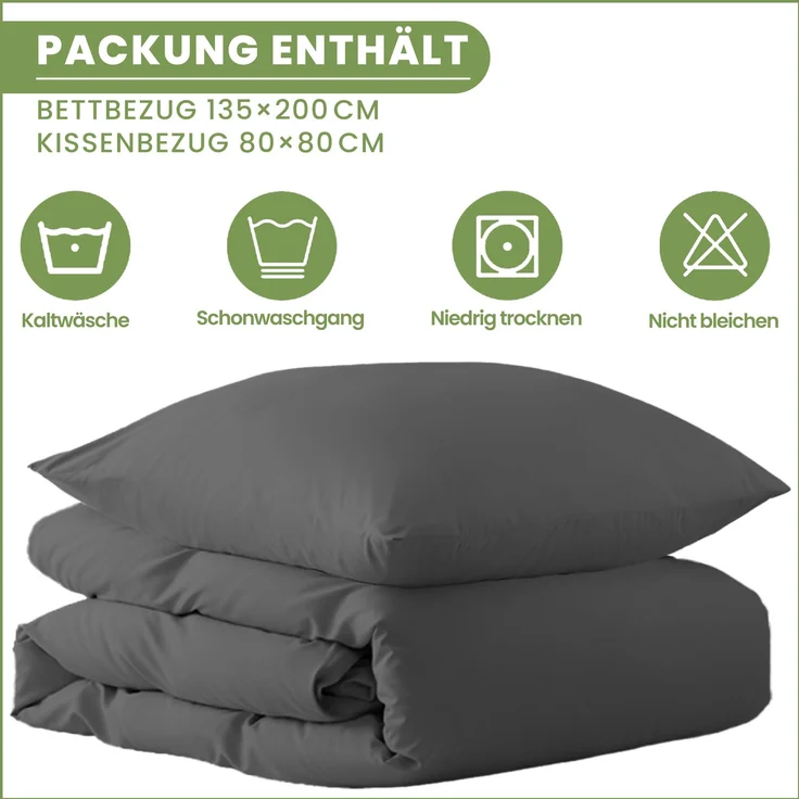 Bettwäsche 2tlg 135x200cm Microfaser mit Reißverschluss atmungsaktiv Anthrazit – Bild 2
