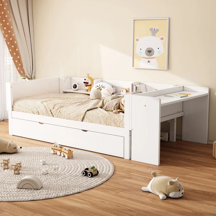 Multifunktionales Kinderbett 90x200 cm mit ausziehbarem Rollbett, Schreibtisch und Regalen, robustes Holz – Bild 4