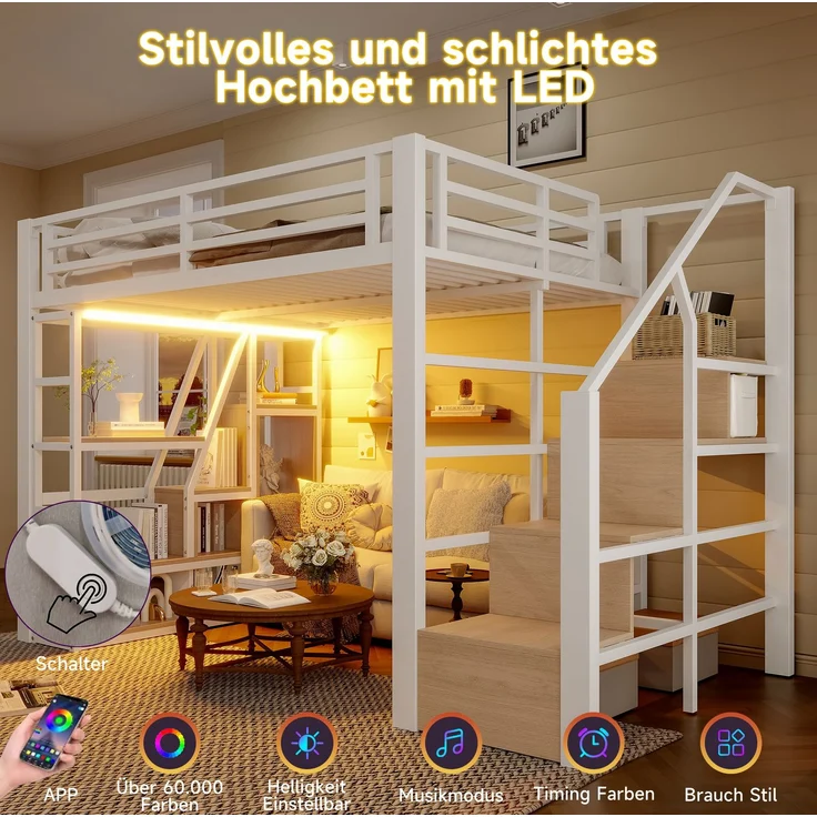 CHICFURN Hochbett Metall und MDF Weiß 140x200 cm mit LED-Beleuchtung und Stauraum – Bild 5