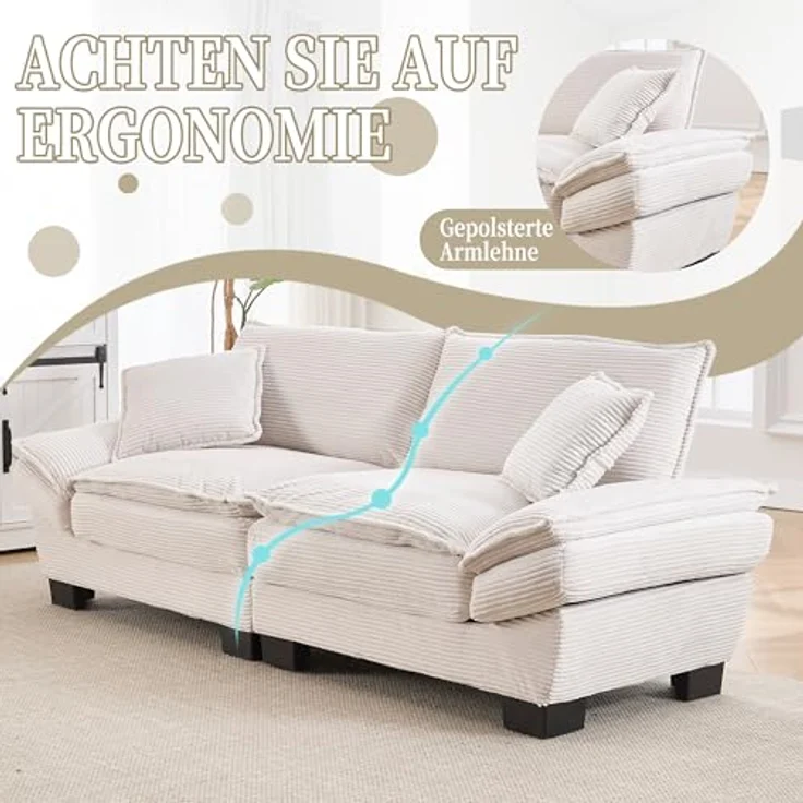 Ball & Cast Couch mit Schlaffunktion, Samt Sofa 2 Sitzer mit Kissen für das Wohnzimmer Wohnung Schlafzimmer, 224 x 81 x 81 (BxHxT), Beige – Bild 6