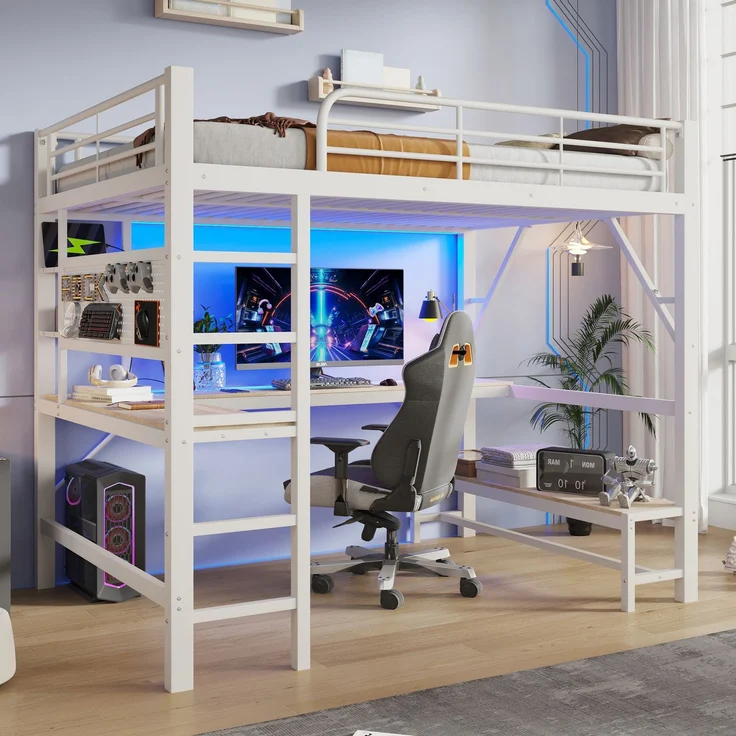 EINHOM Hochbett, 160 x 200cm, Eisenrahmen, Schreibtisch, Geländer, Trittleiter, mehrere Ablagen, mit usb+type-c Steckdose, mit LED Leiste, mit Lochbrett, ohne Matratze, Weiß – Bild 3