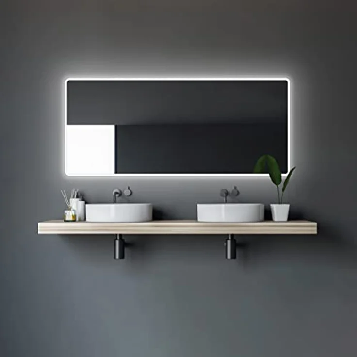 Talos Moon Badspiegel mit LED Beleuchtung, 160x70 cm, neutralweiß, Aluminiumrahmen, feuchtraumgeeignet, ergonomischer Kippschalter – Bild 1