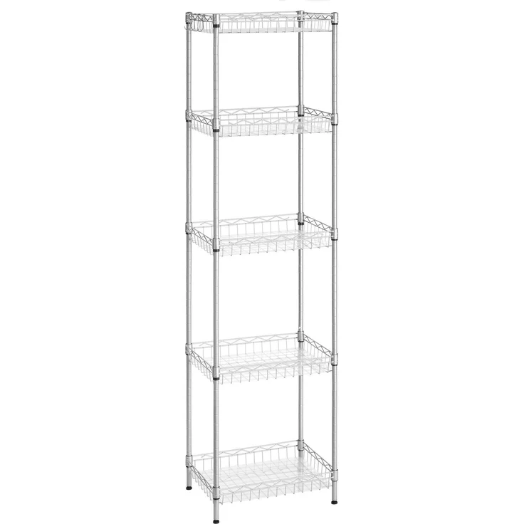 SONGMICS Küchenregal mit 5 Ebenen, Metallregal, Standregal, höhenverstellbare Gitterablage, mit PP-Kunststoffplatten, 4 S-Haken, für Küche, Wohnzimmer, bis zu 100 kg belastbar, silbern LGR105E01