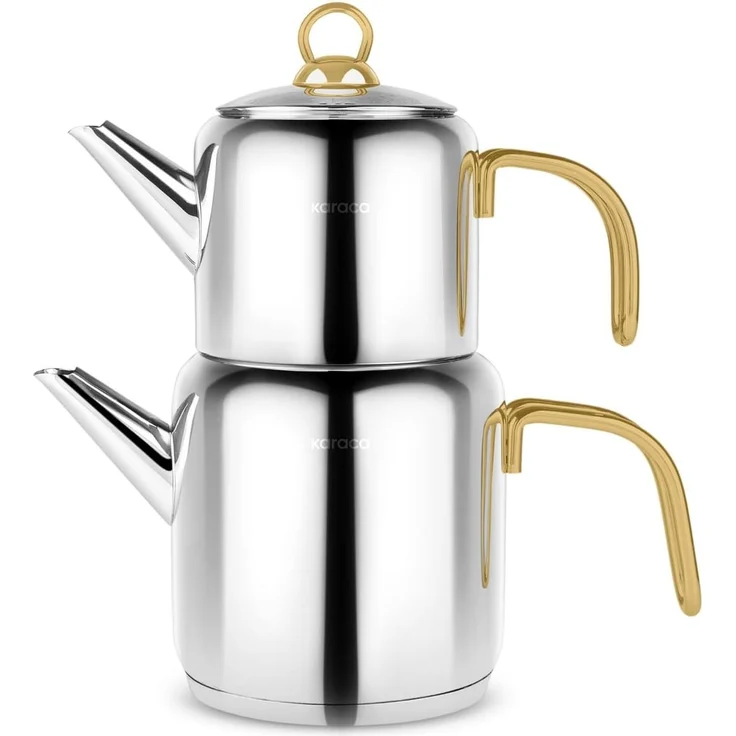 Karaca New Mira Gold Türkisches Teekannen-Set, Induktionsgeeignet, 1L Teekanne & 2L Teekessel aus Edelstahl, Spülmaschinenfest, Türkische Teekanne, Teekocher, Tea Maker, Caydanlik, Demlik – Bild 1