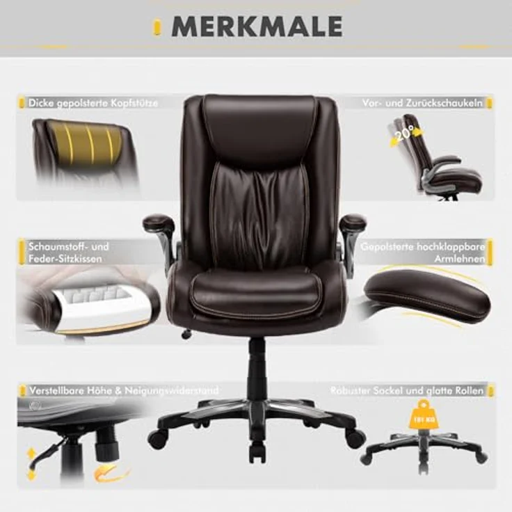 COLAMY Bürostuhl, Bürostuhl Ergonomisch, Großer und hoher Schreibtischstuhl 181 kg, großer, strapazierfähiger Chefsessel mit hoher Rückenlehne und klappbaren Armlehnen für das Homeoffice, Braun – Bild 10