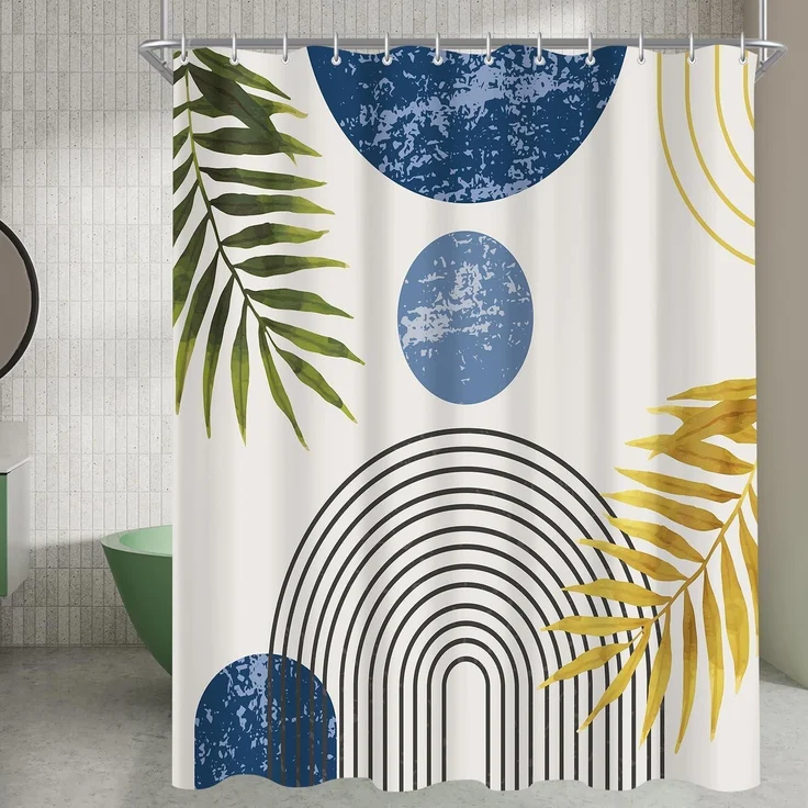 Duschvorhang 180x200 Polyester Blau Goldene Blätter Linie 180 x 200 cm – Bild 8