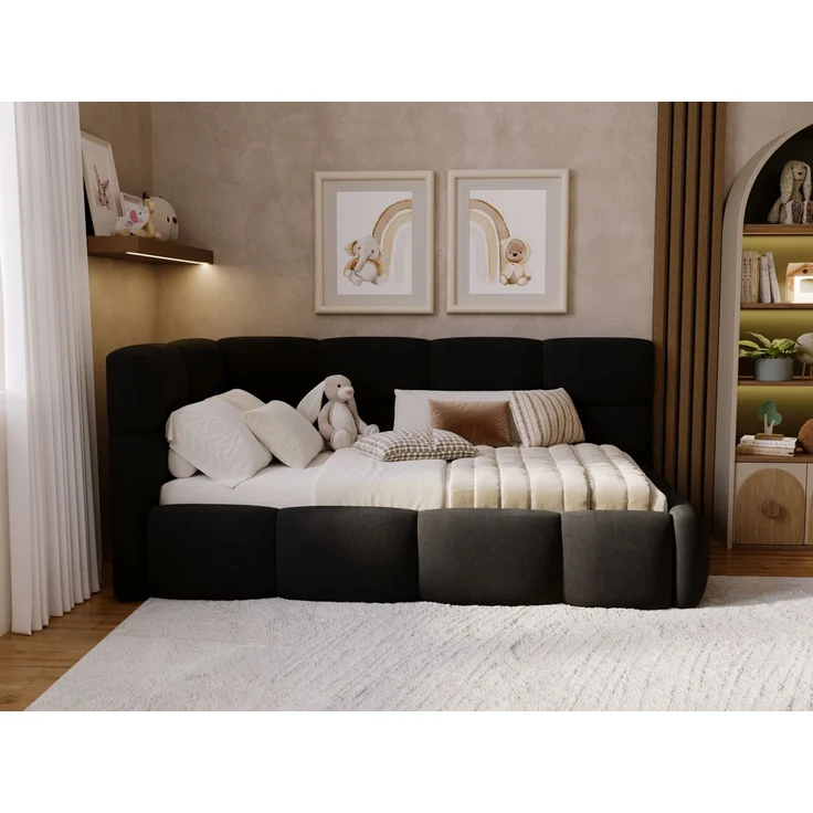 GRAINGOLD Modo One Jugendbett 90x200, Einzelbett mit Bettkasten, mit Lattenrost, Velvet-Stoff, Rechts, Schwarz – Bild 4