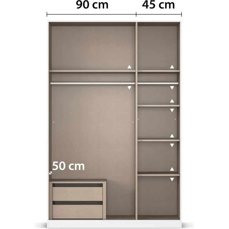 Rauch Möbel Alabama, Kleiderschrank, Garderobe, 3-türig, Zubehör Premium, 2 Kleiderstangen, 5 Einlegeböden, Schubladeneinsatz, Farbe Beige, Griff Grau metallic, 136 x 210 x 54 cm – Bild 7