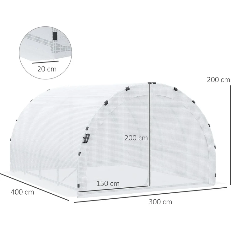Wohnora-Tunnelgewächshaus, 12 m² Grundfläche, 4 m L x 3 m B x 2 m H, verstärkter Rohrrahmen (25 mm), Doppeltür mit Griffen, weiß,H 2000cm x T 1490cm x B 3000cm – Bild 4