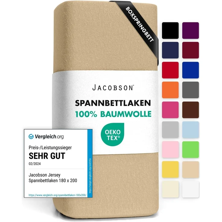 Jacobson Jersey Spannbettlaken Spannbetttuch Baumwolle Bettlaken (140x200-160x220 cm, Beige) – Bild 1
