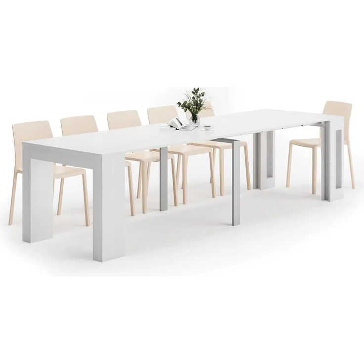 MOBILI FIVER, Ausziehbarer Konsolentisch mit Verlängerungen, Easy, Esche, weiß, Laminiert/Aluminium, Made in Italy