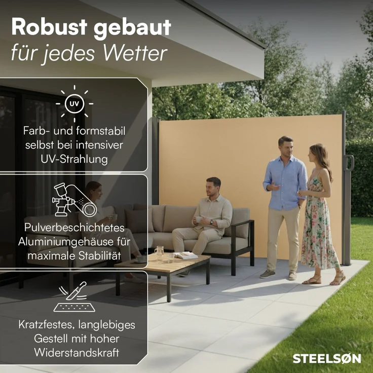 STEELSØN 'Zirella' Seitenmarkise mit Aluminium-Kassette, ausziehbar, 160x400 cm, beige/anthrazit, Windschutz, wetterfest und blickdicht – Bild 2