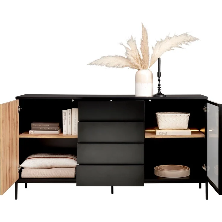 XORA 'VIANO' Sideboard Front Lamellen-Optik, Melamin Eiche schwarz, 153.6 x 83 x 38 cm, mit Beleuchtung – Bild 5