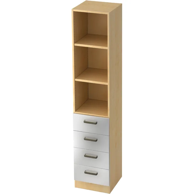 bümö office Aktenschrank Regal mit Schubladen, Büroschrank schmal aus FSC-Holz, 40cm breit in Ahorn/Silber - Aktenregal & Schubladenschrank mit Relinggriffen, Büro Möbel Schrank System, 7600-3-S-SG