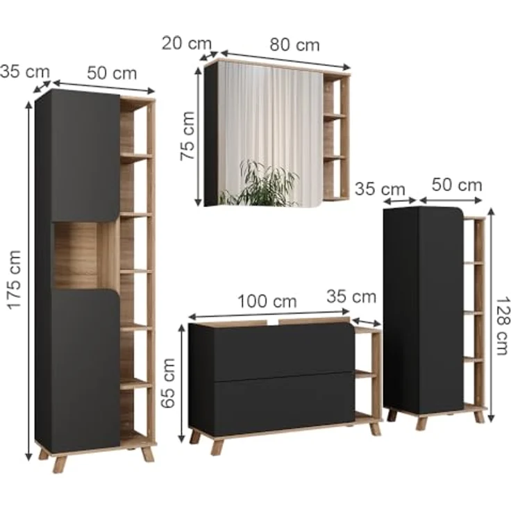 Vichy Badmöbel-Set Karen, Sonoma/Anthrazit, 4-teilig mit Waschbeckenunterschrank und Spiegelschrank, robust und für Selbstmontage geeignet – Bild 2
