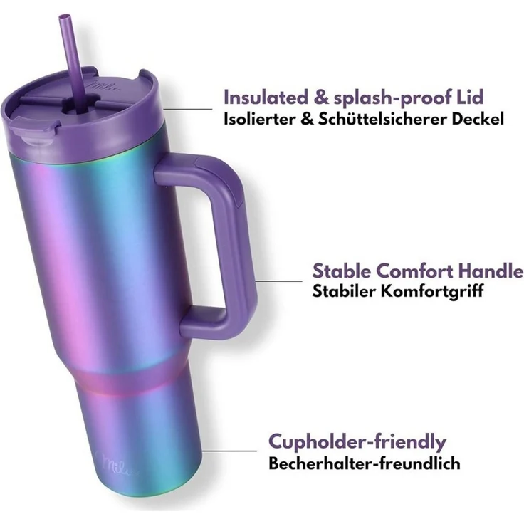 Milu Thermobecher Edelstahl Tumbler To Go 1200 ml, mit Strohhalm und Henkel – Bild 4