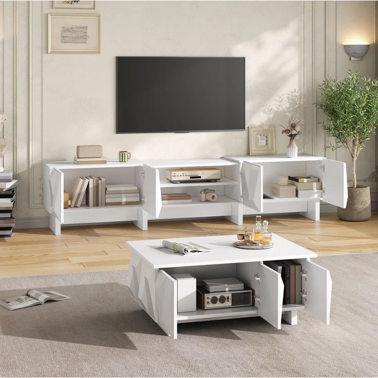Wohnzimmer-Set aus Spanplatte, TV-Lowboard & Couchtisch mit Rautenrelief, 180x34x44,5 / 95x67x39,5 cm, Weiß – Bild 1
