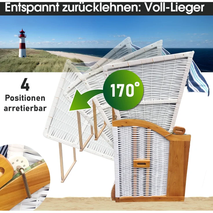 BRAST Strandkorb Usedom 3-Sitzer XXL für 2-3 Personen 165cm breit inkl. wetterfeste Abdeckhaube verstellbare Rückenlehne Fußkissen Hellblau - gestreift – Bild 4
