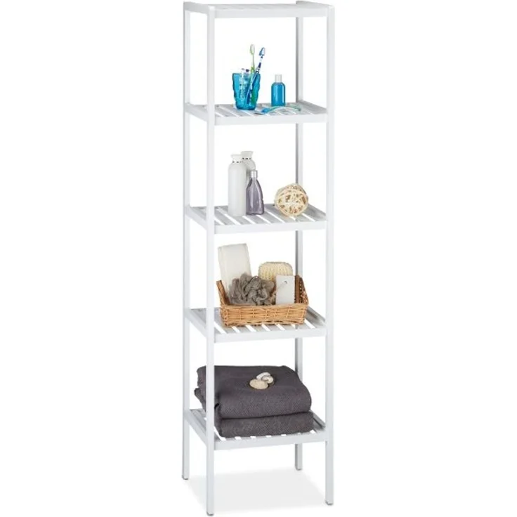 Relaxdays Badregal mit 5 Ablagen, 2 Stück, Bambus weiß, 34,5 x 33 x 139,5 cm – Bild 1